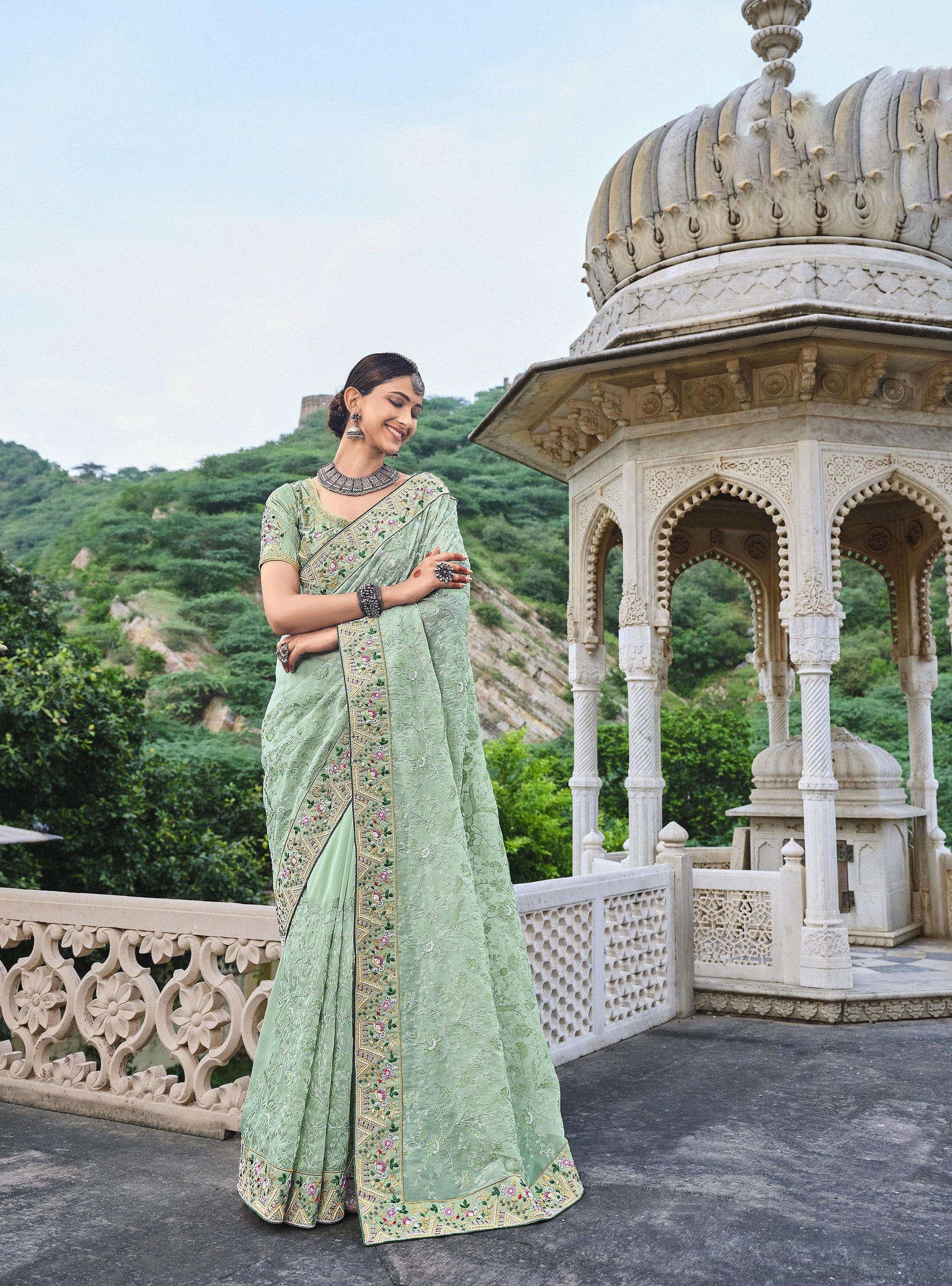 Pista Green Moti Work Organza Engagement Saree