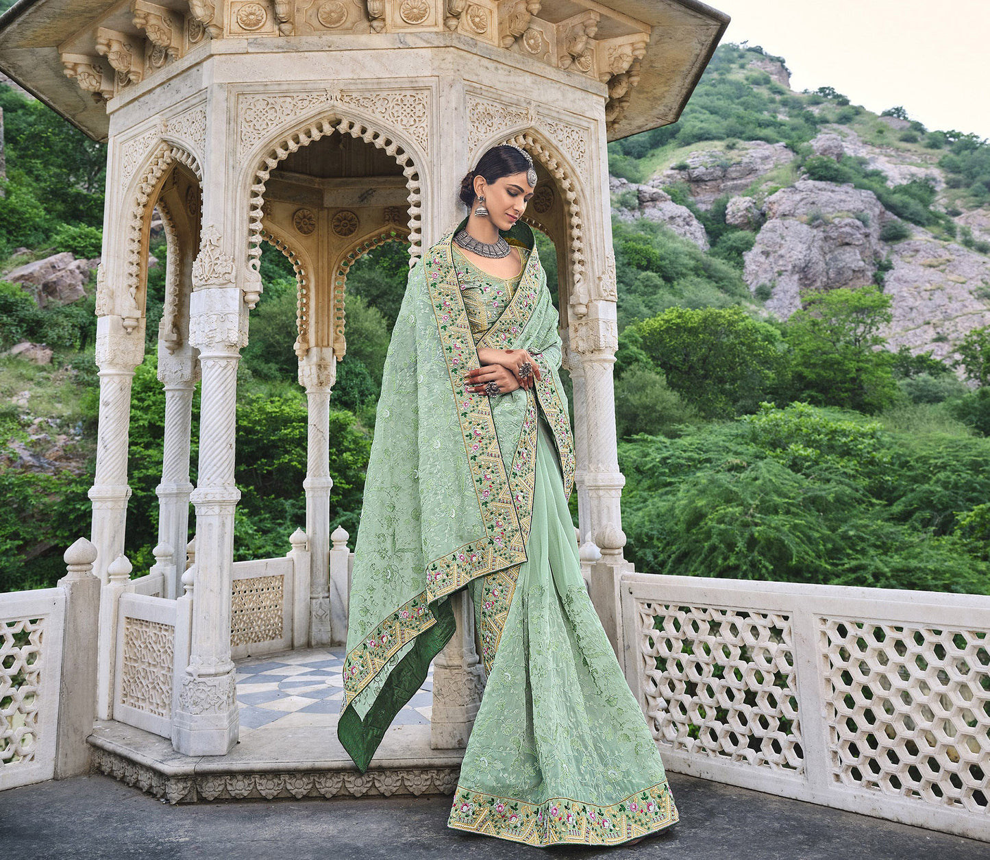 Pista Green Moti Work Organza Engagement Saree