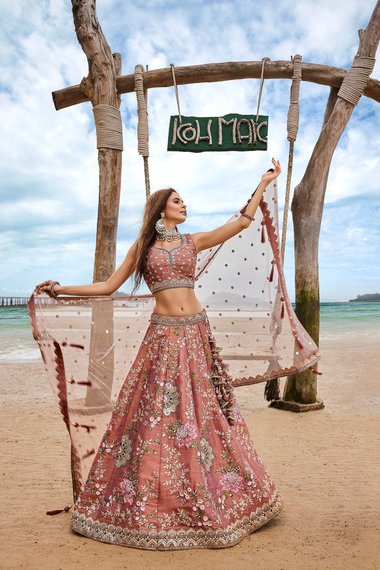 Rose Gold Net Sequins,Mirror thread embroidery Lehenga