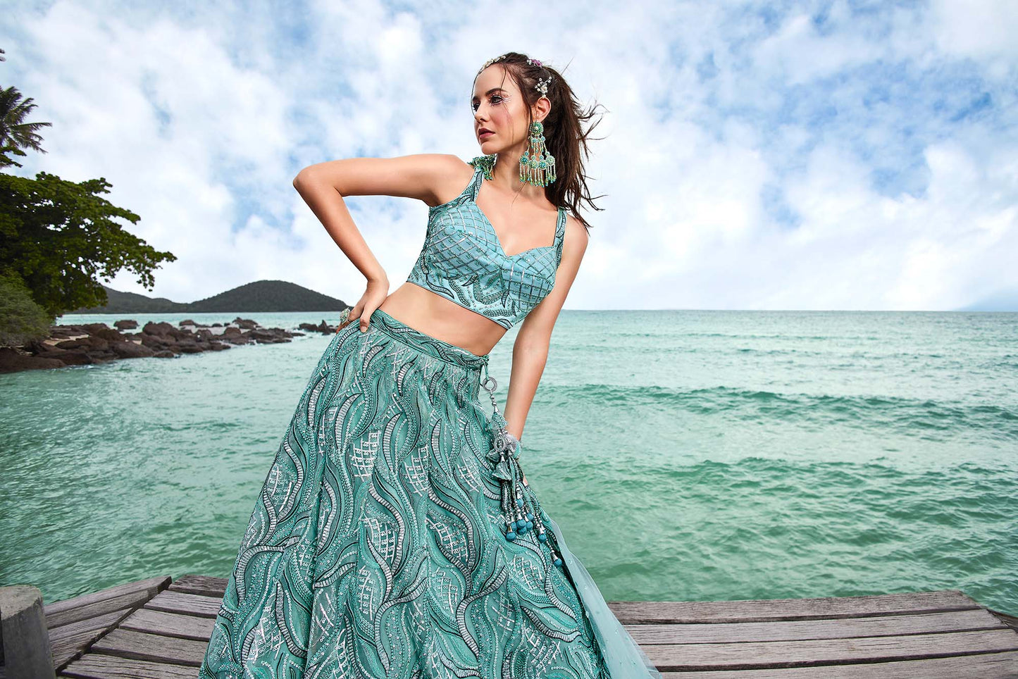 Turquoise Blue Net Sequins, Zarkan and thread embroidery Lehenga