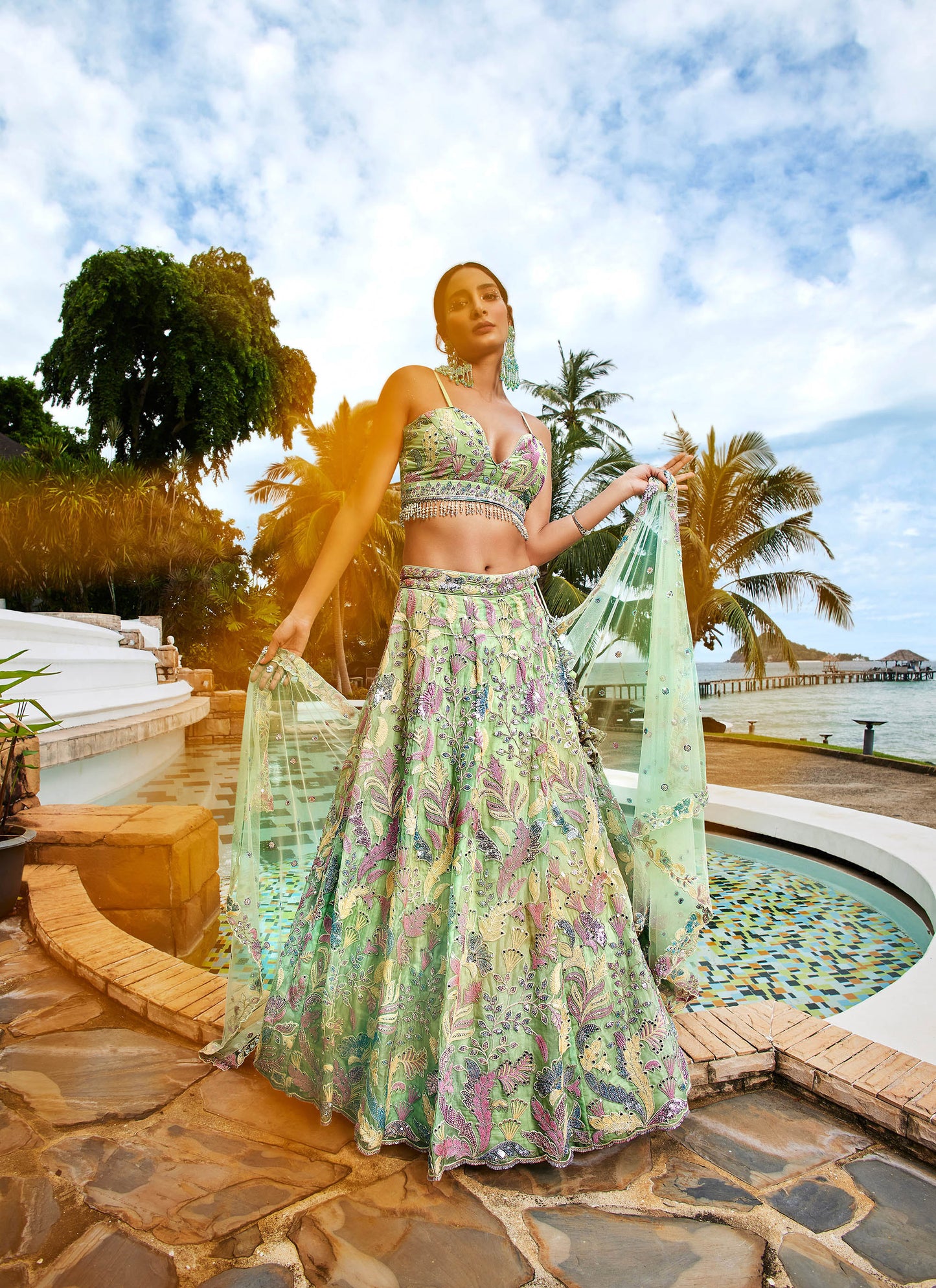 Lime Green Organza Sequins and Mirror embroidery Lehenga