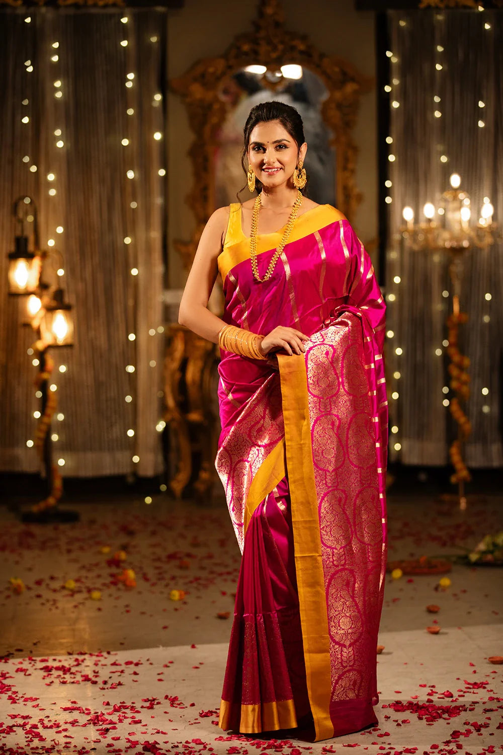 Handloom Hot Pink Pure Silk Banarasi Saree with Yellow Border