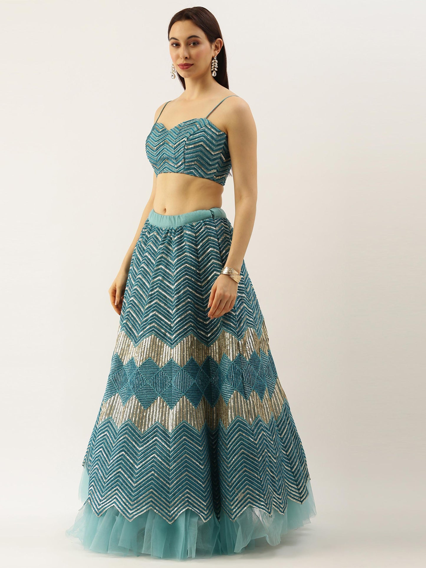 Sea Green Net Zig-Zag Embroideried Semi-Stitched Lehenga Unstitched Blouse & Dupatta