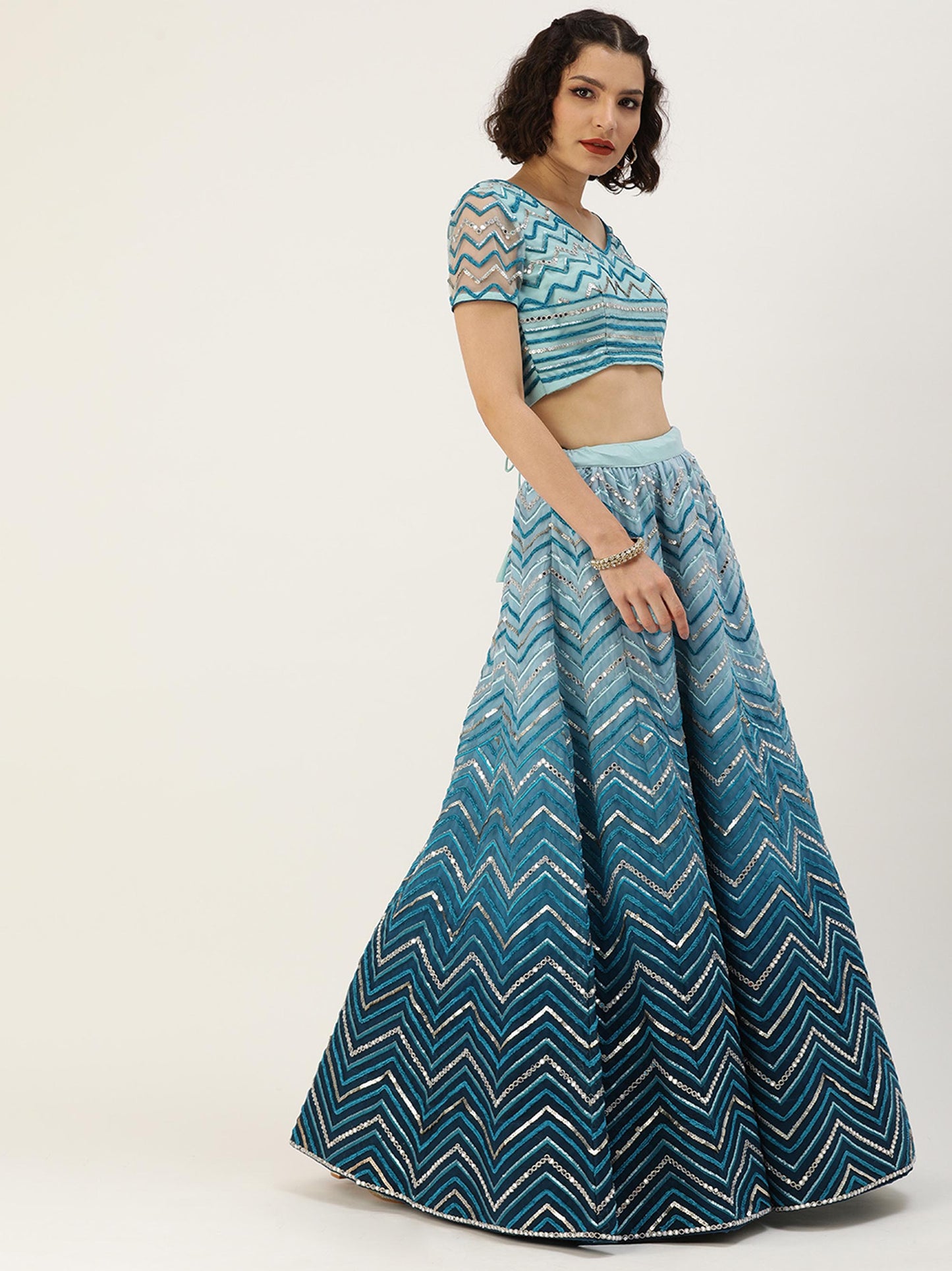 Women Teal shading Net Mirror Embroidered Semi-Stitched Lehenga & Blouse with Dupatta