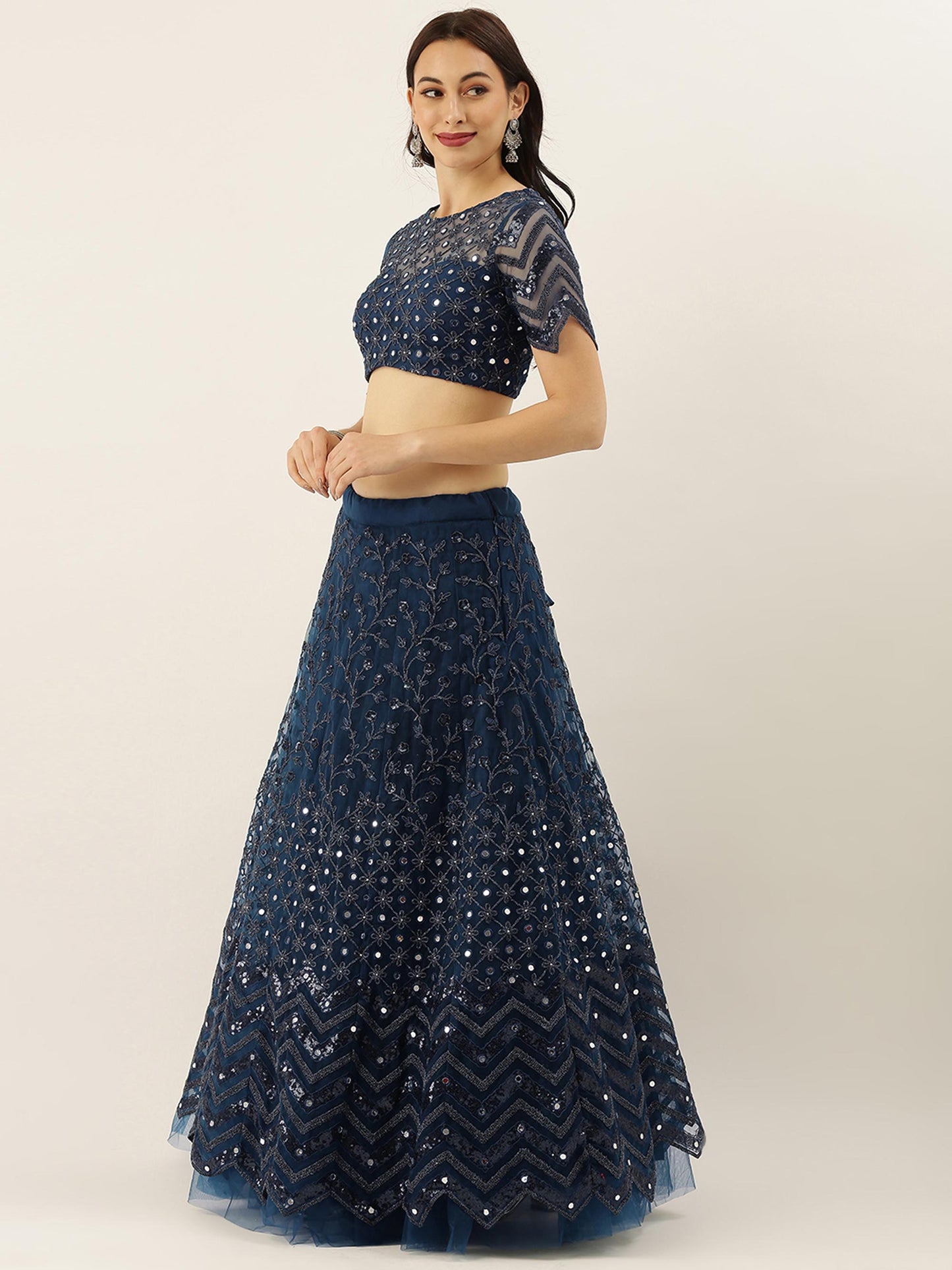 Navy Blue Net Semi Stitched Coding, Sequins and Mirror work Lehenga Choli