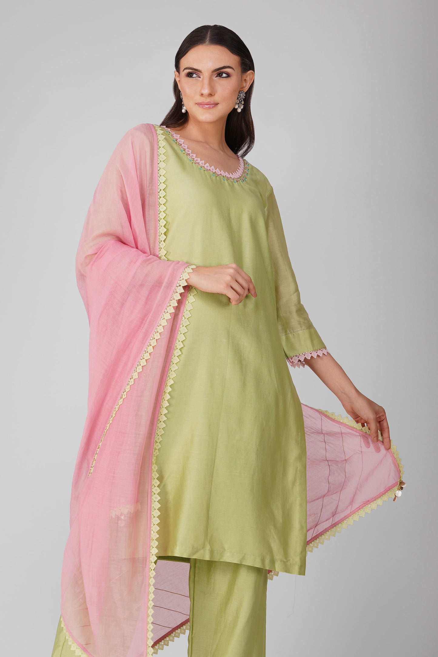 Small flower Green-Pink Kurta Set