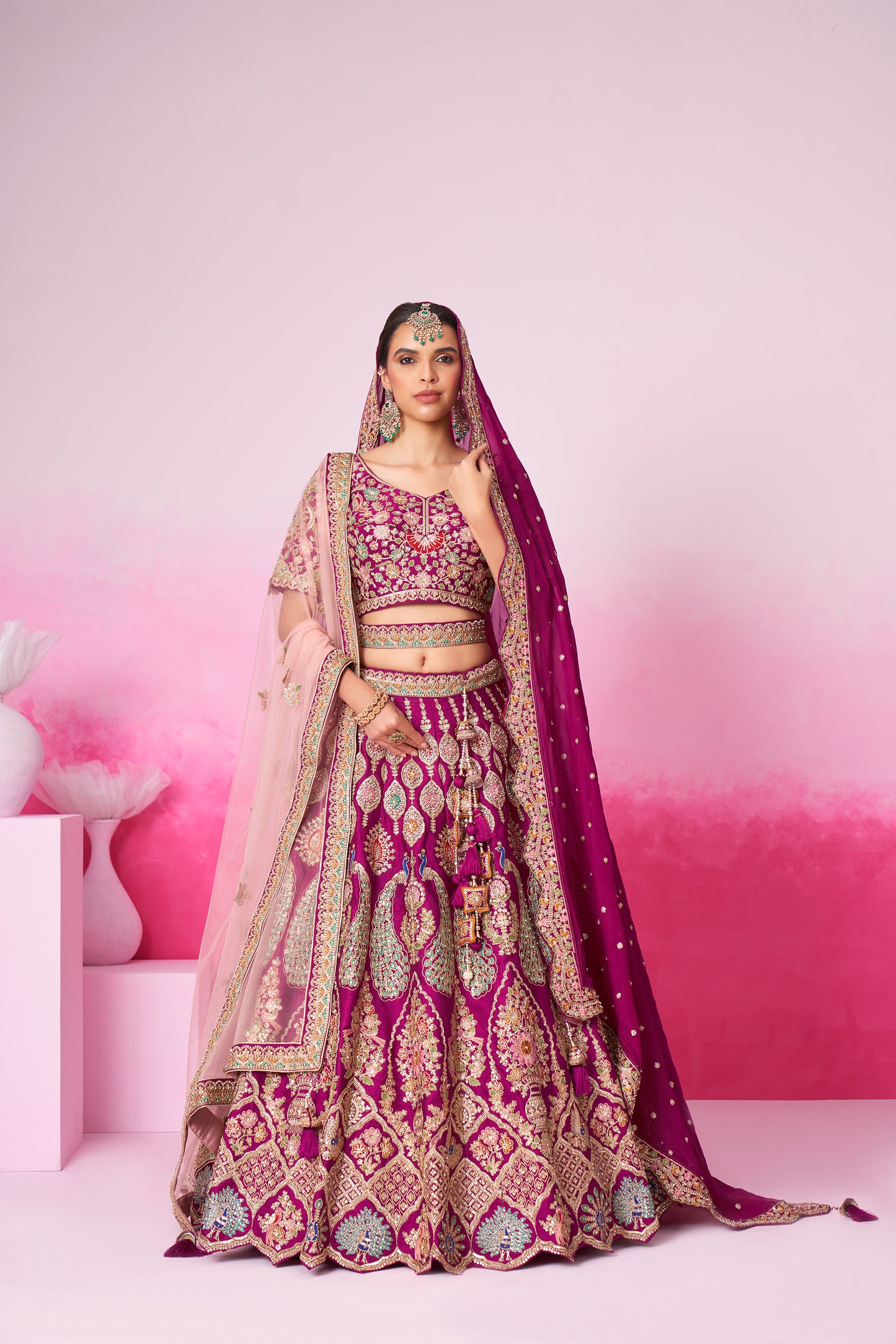 Burgundy Pure silk Moti, Sequins embroidery Bridal Lehenga choli