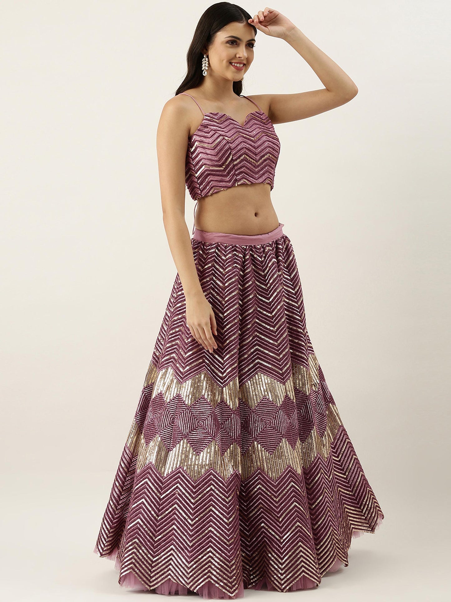 Lavender - Net Embroidered Semi-Stitched Lehenga with Zig-Zag Pattern