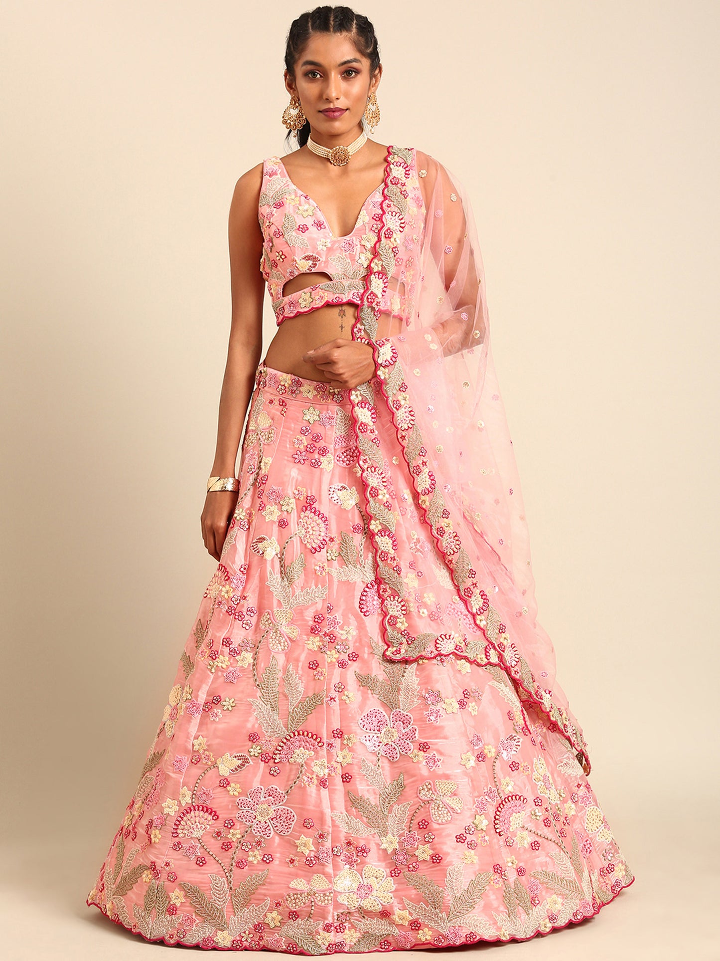 Pink Organza Sequins and Zarkan embroidery Lehenga