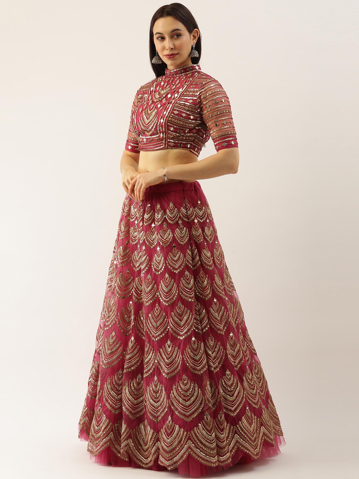 Women Rosegold Net Embroidered Mirror Semi-Stitched Lehenga & Unstitched Blouse with Dupatta