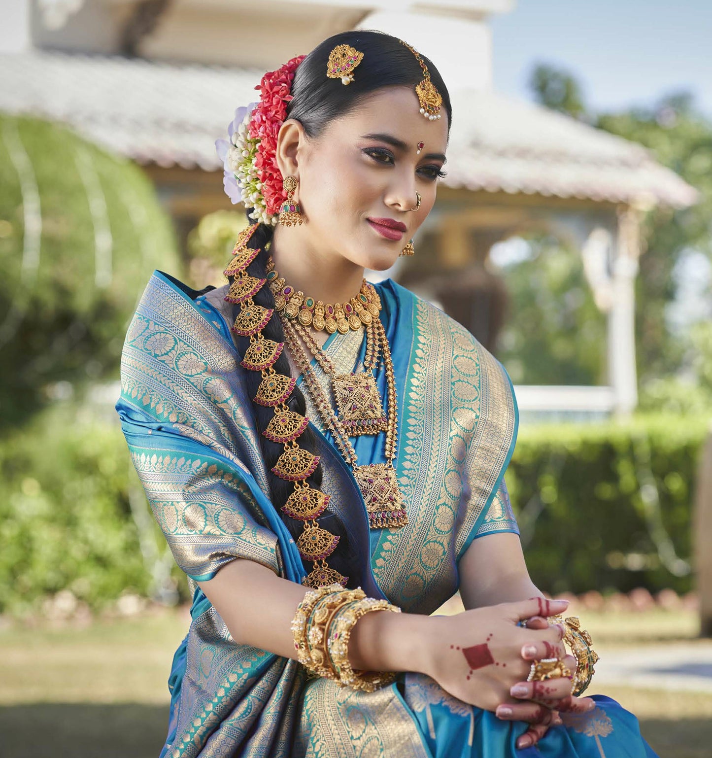 Blue Color Gold Zari Butta Silk Saree