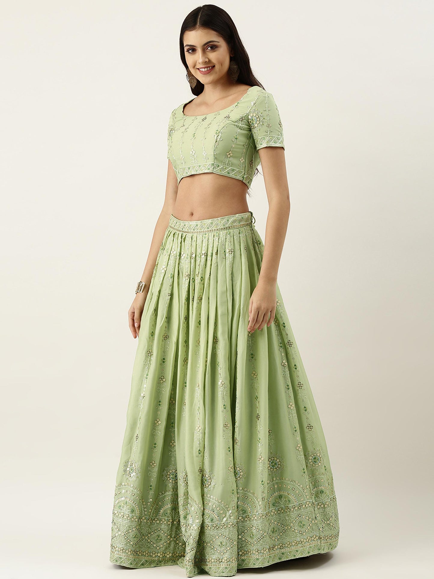 Pista Green Pure Georgette Embroidered Semi-Stitched Lehenga & Unstitched Blouse Dupatta