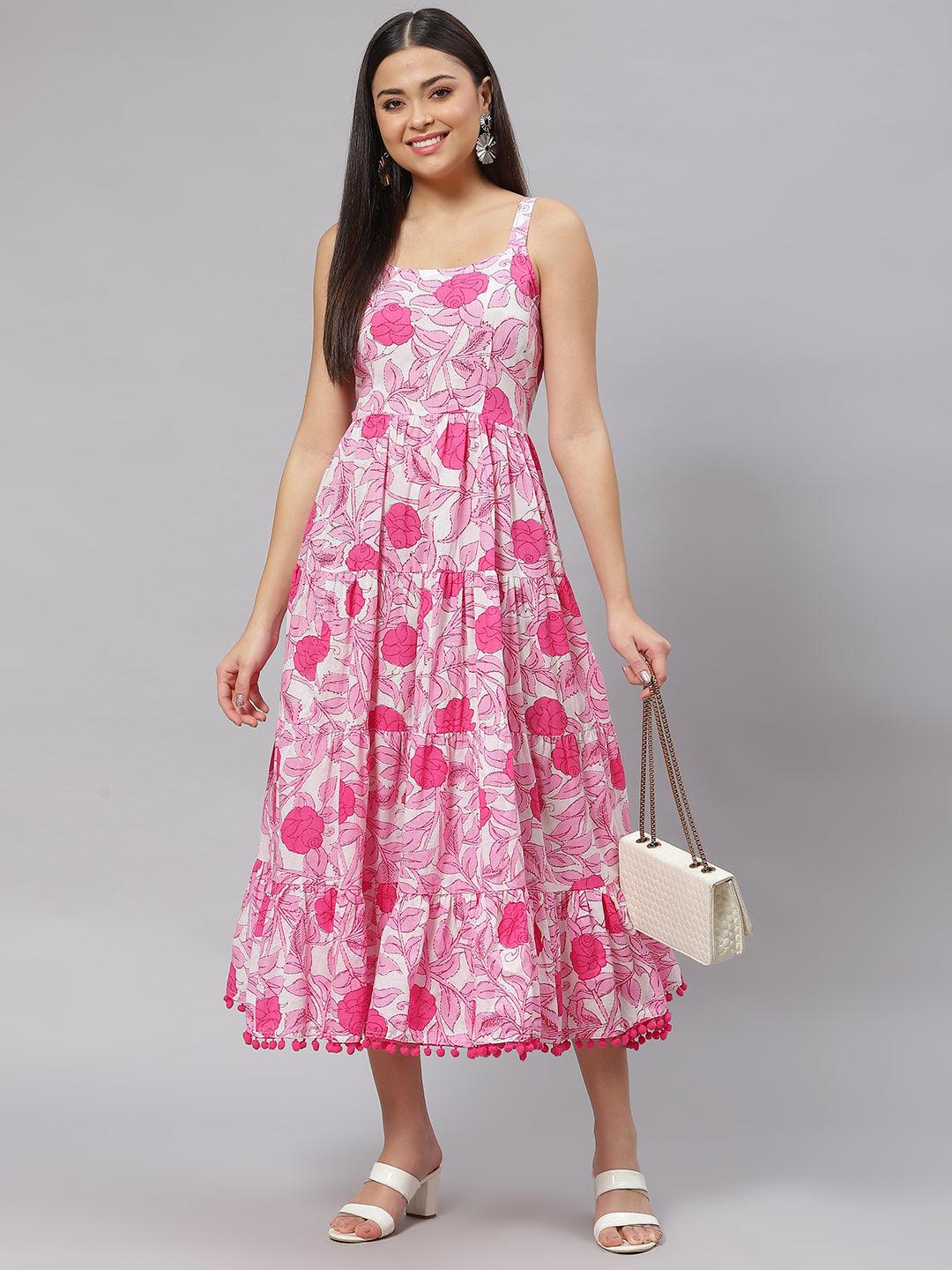 Divena white & Pink Floral Shoulder Strip Long Dress - divena world-Mohi