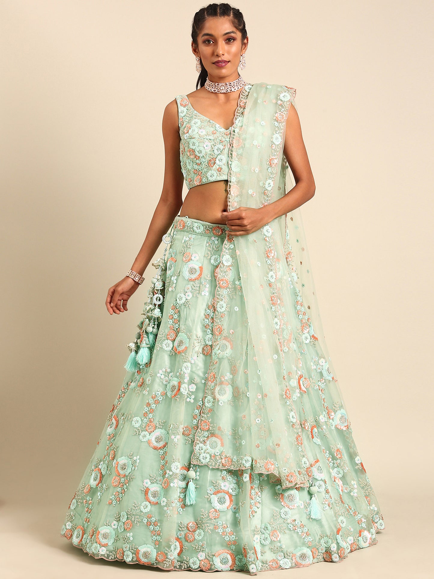 Sea Green Net Sequins and Zarkan embroidery Lehenga