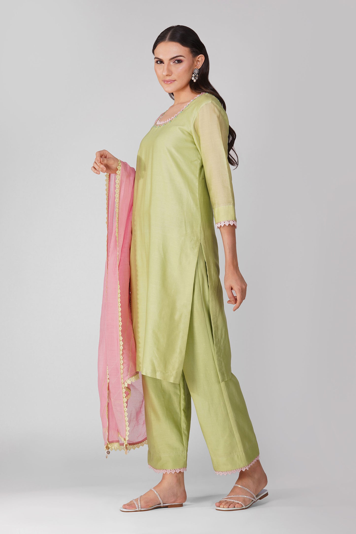 Small flower Green-Pink Kurta Set