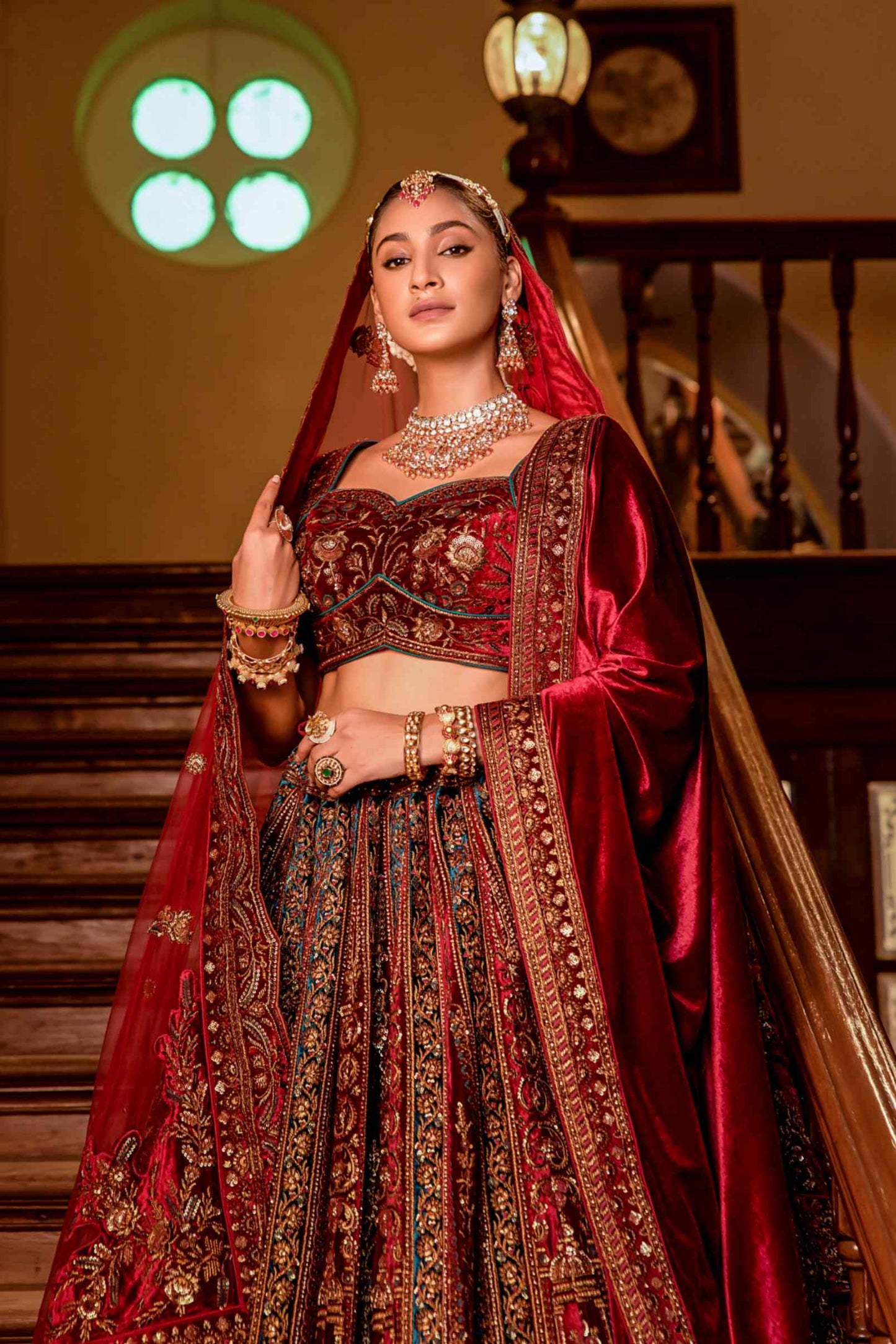 Red Velvet Sequins Embroidered Indian Bridal lehenga