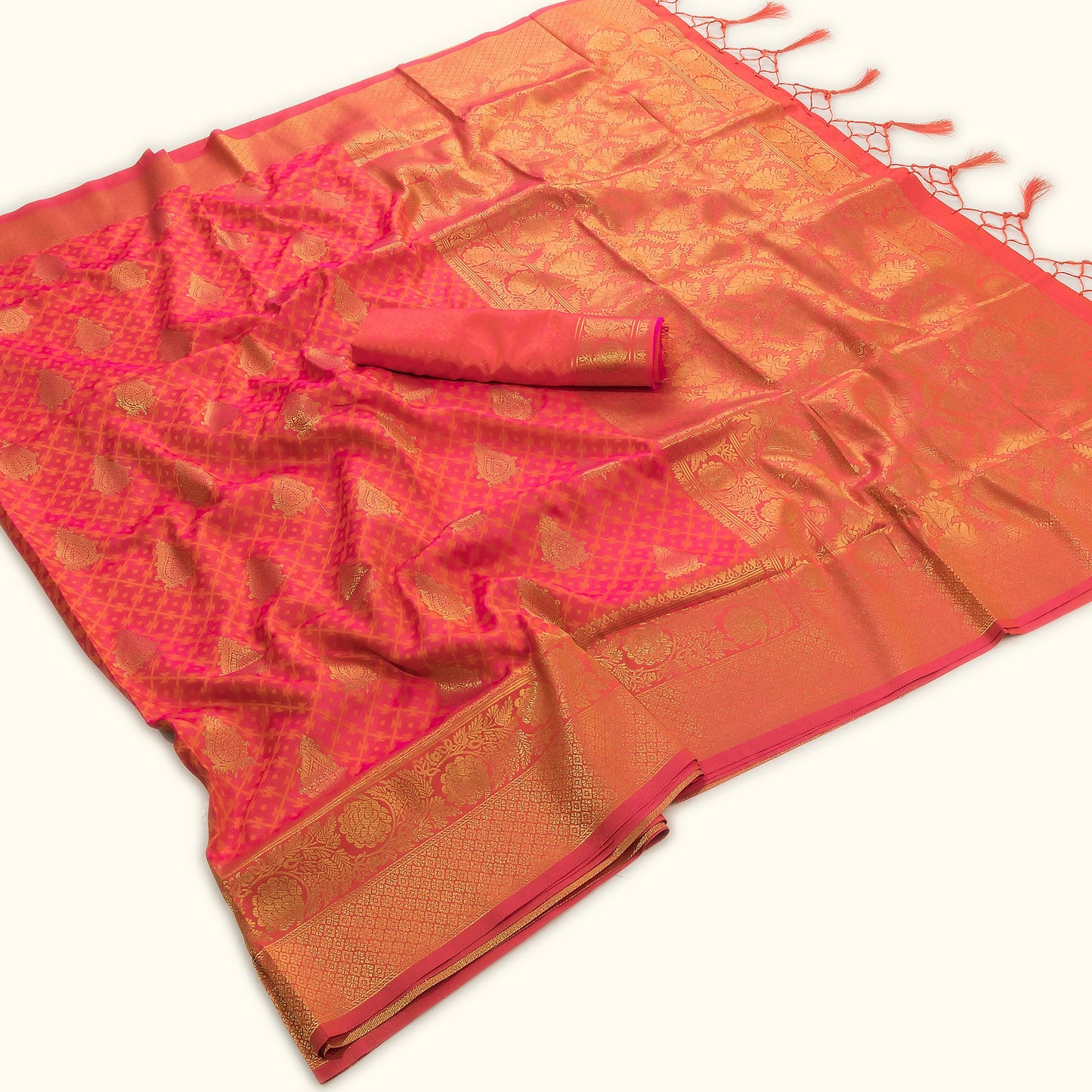 Golden Accented Pink Silk Saree