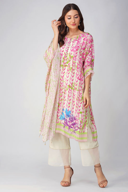 Pink Leaf Printed Kurta Set