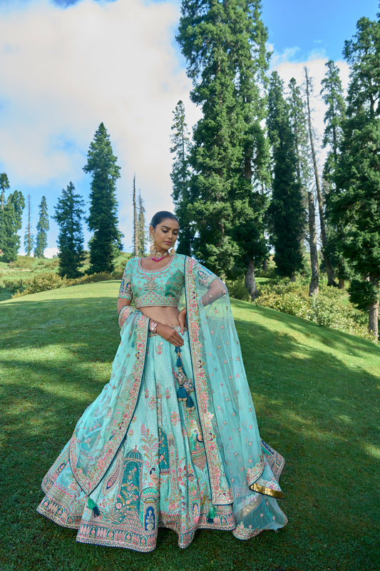 Sea Green Viscose Heavy Embroidered Designer Lehenga Set