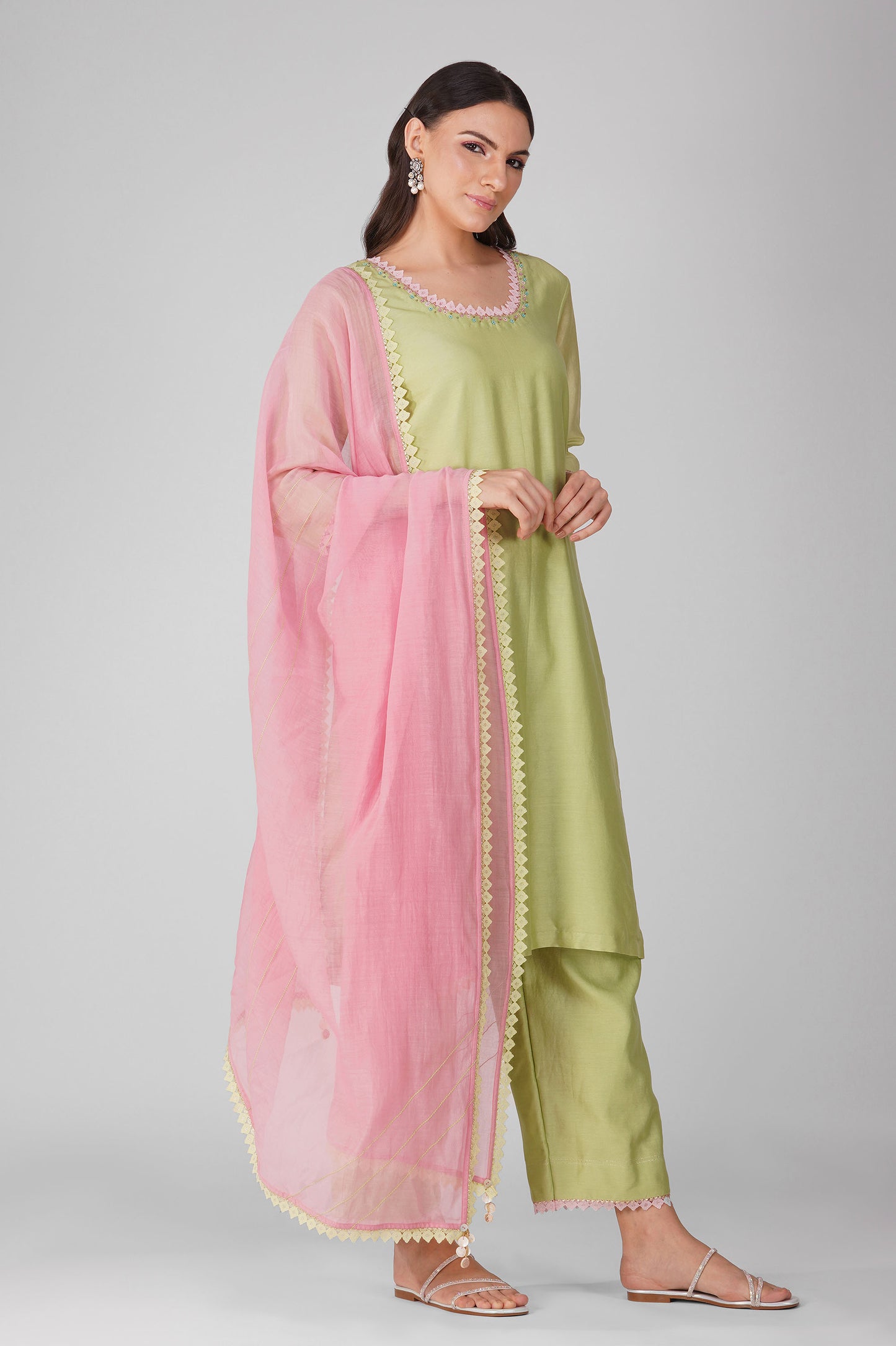 Small flower Green-Pink Kurta Set