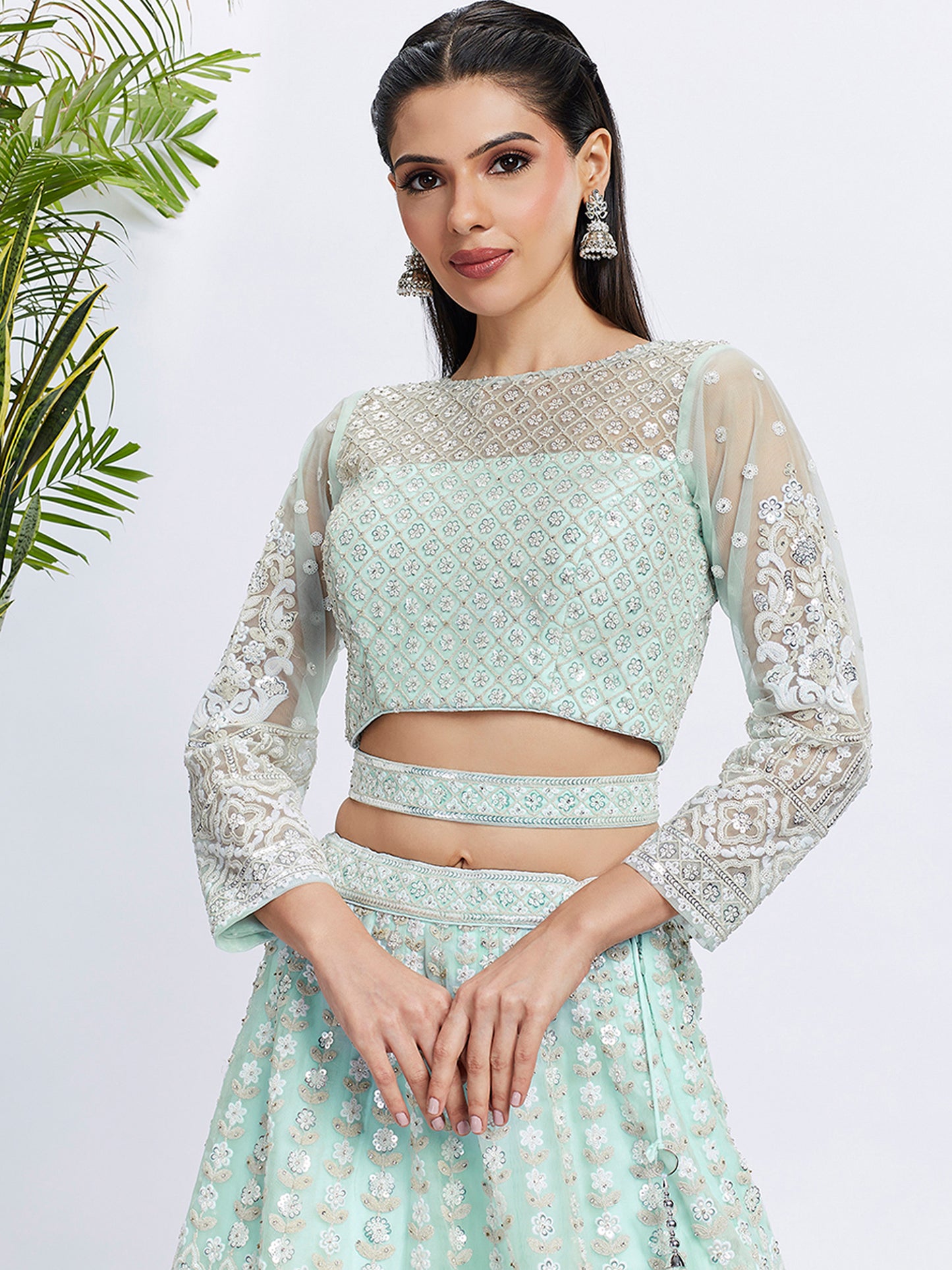 Turquoise blue Net Sequins and thread embroidery Lehenga choli