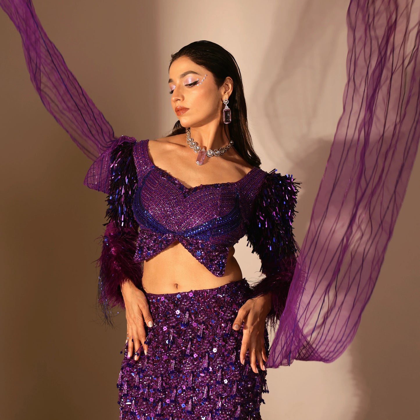 The Purple Net Moonlight Fish cut Lehenga set