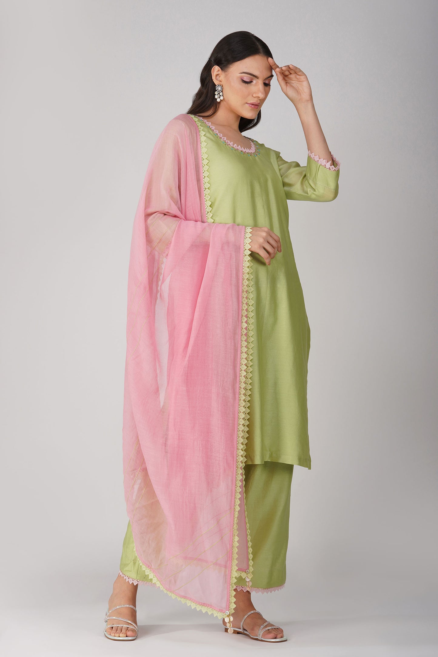 Small flower Green-Pink Kurta Set