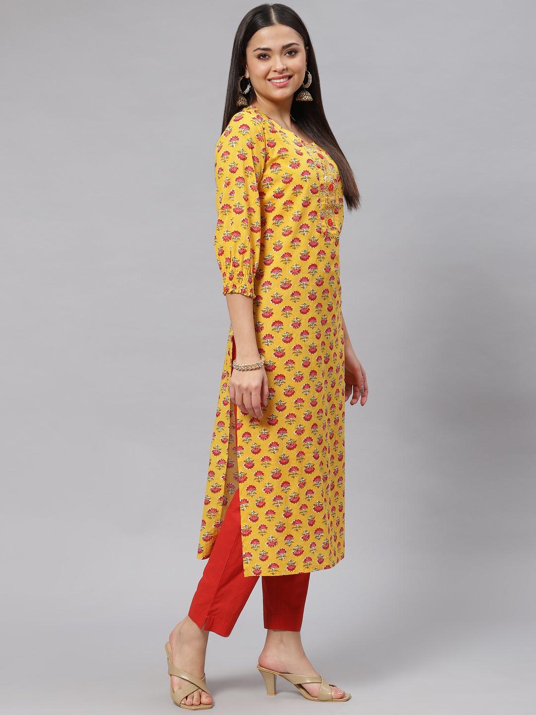 Divena Yellow Floral Cotton Kurta Pant Set with Dupatta - divena world-Mohi