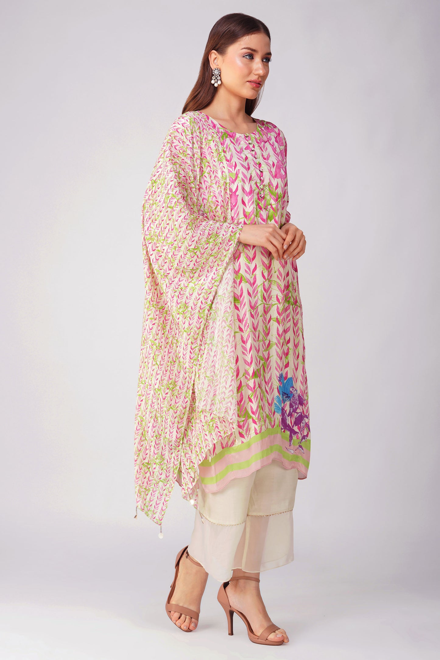 Pink Leaf Printed Kurta Set