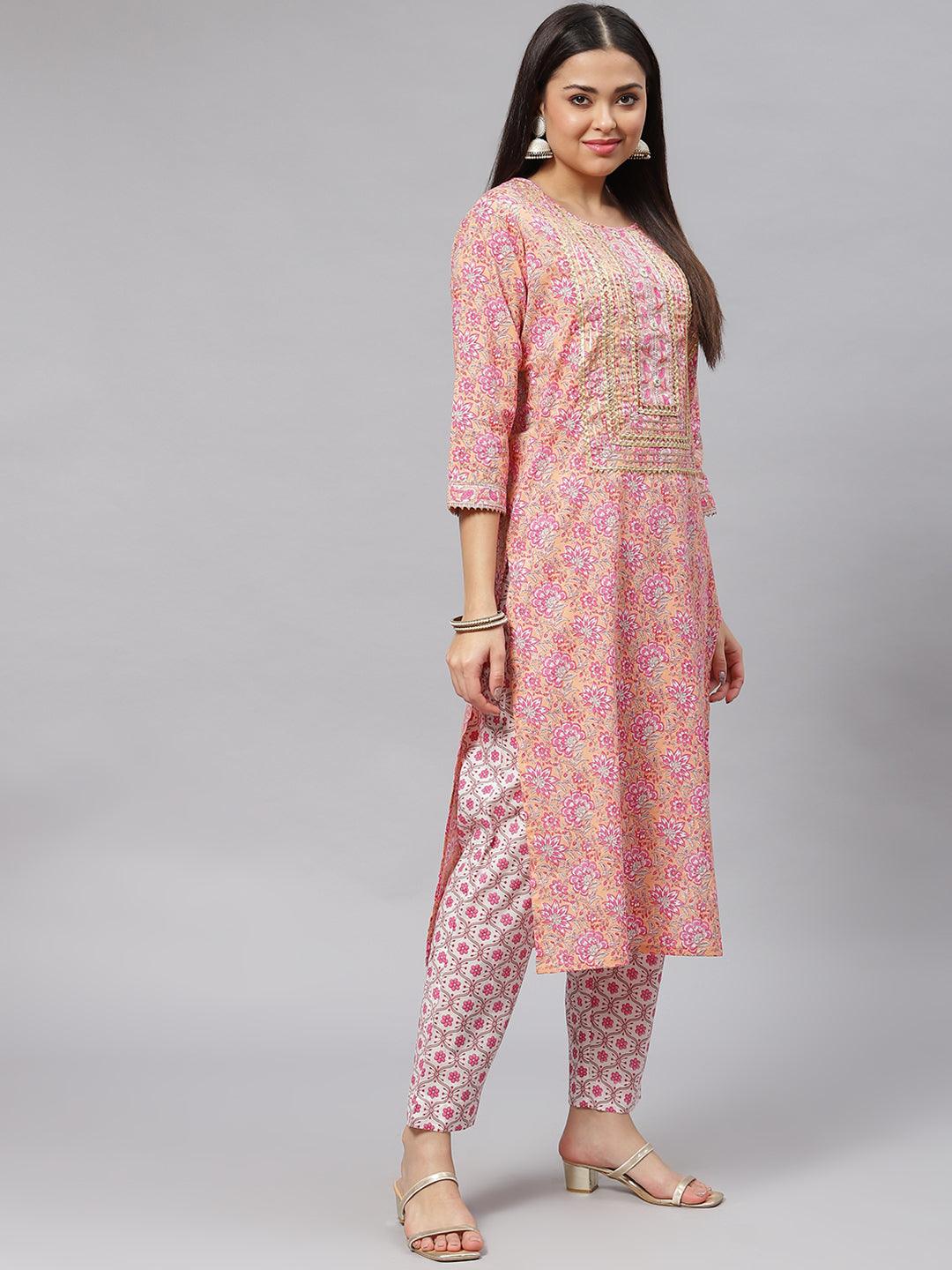 Divena Pink Cotton kurta Pant set with Dupatta - divena world-Mohi