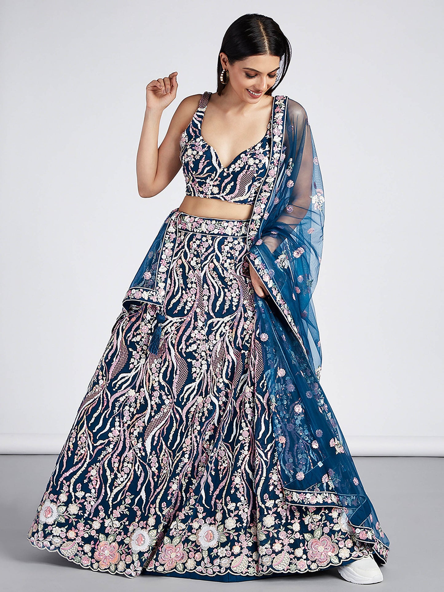 Navy blue Net Sequins and thread embroidery Lehenga choli & Dupatta