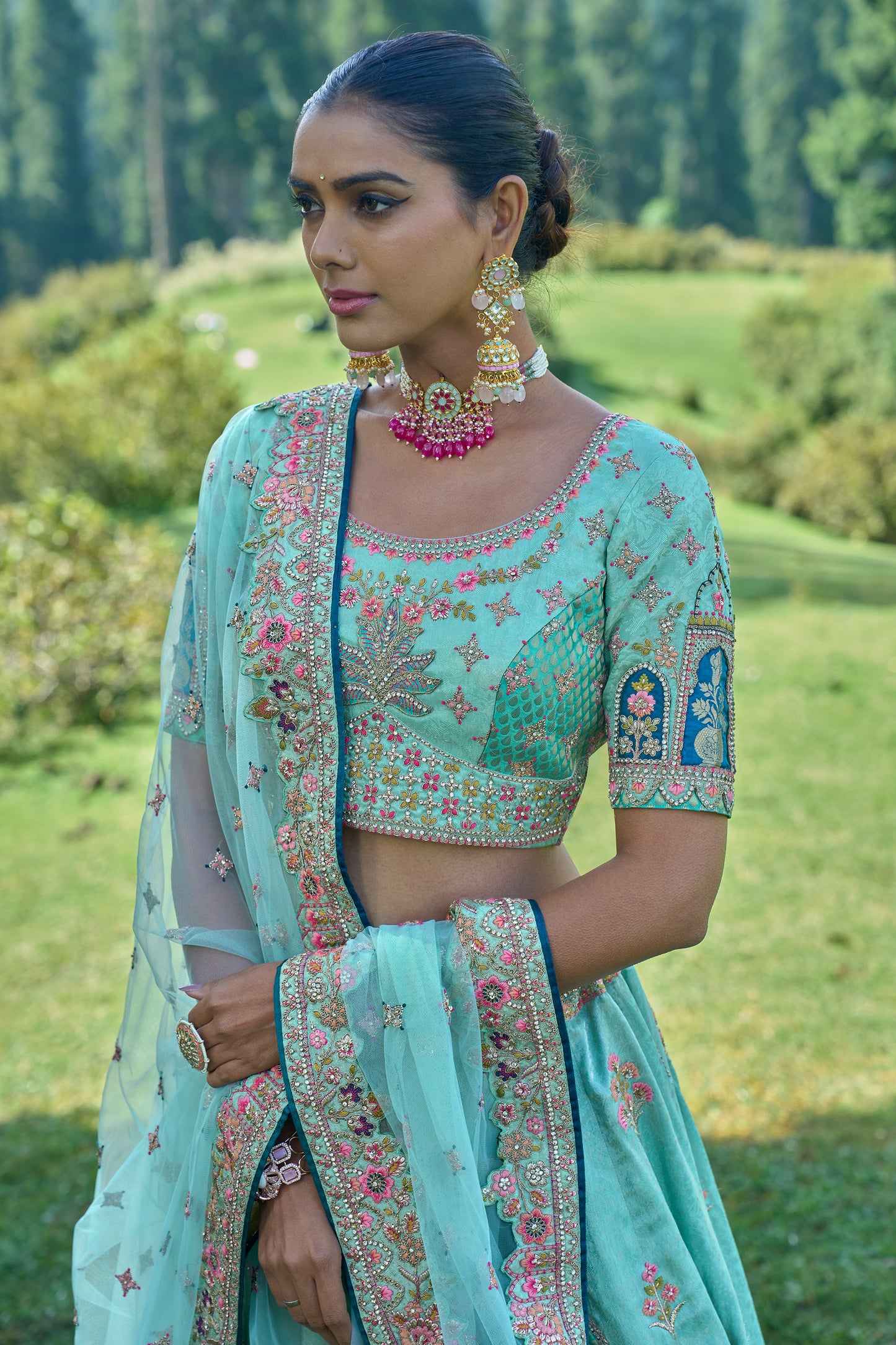 Sea Green Viscose Heavy Embroidered Designer Lehenga Set