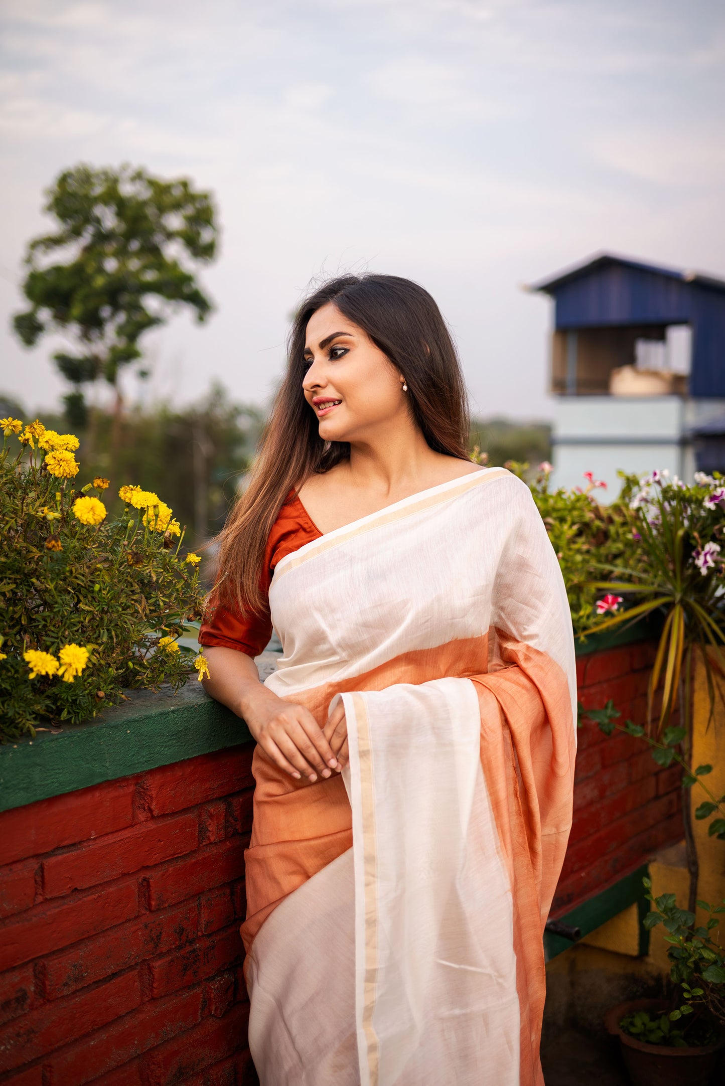 Brown and White ombre chanderi silk saree