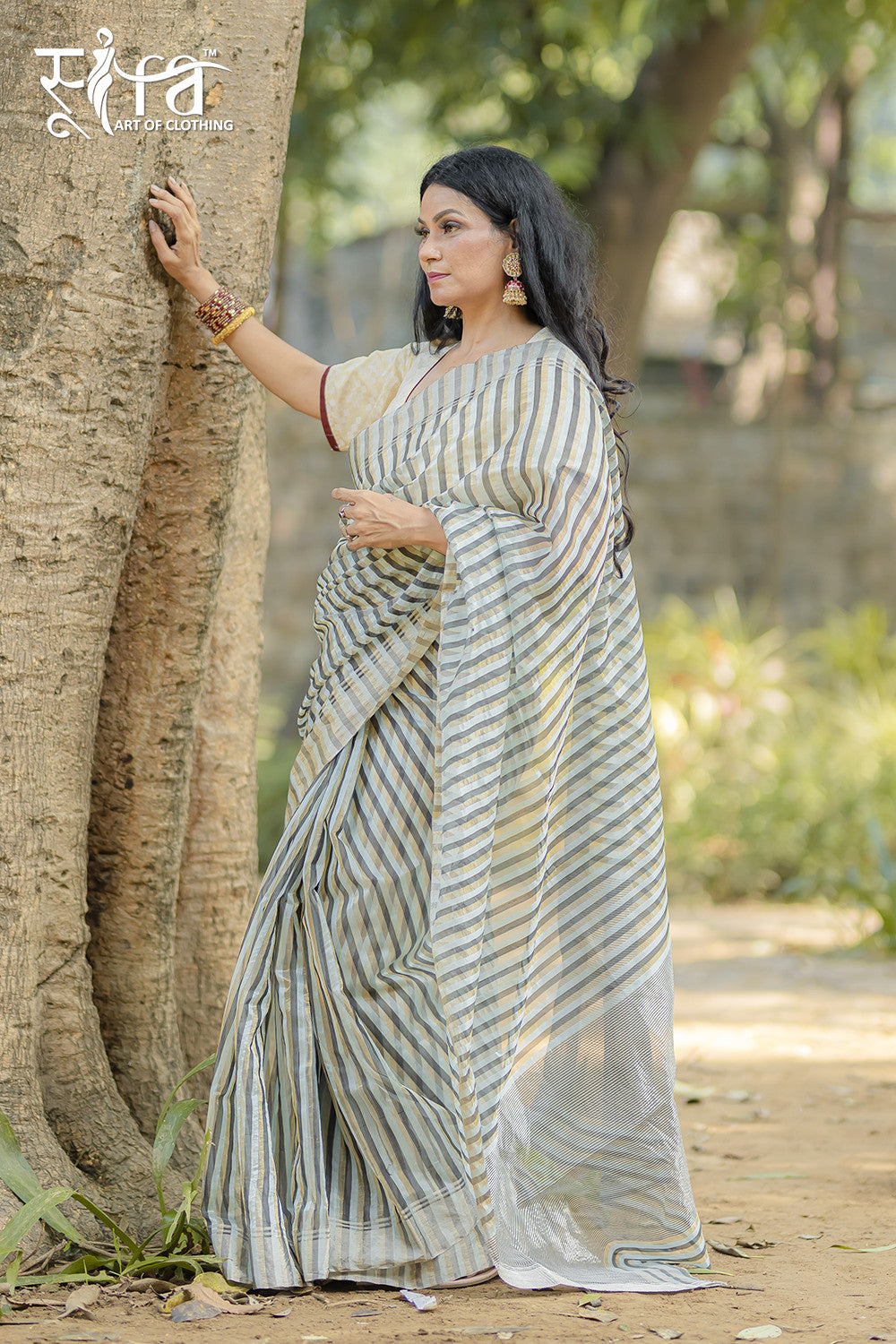 Handloom Gold & Silver Stripes Katan Silk Chanderi Saree