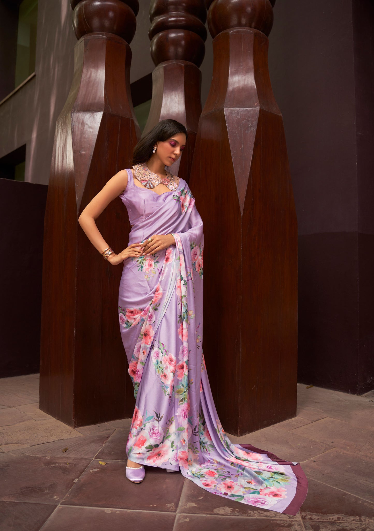 Lavender Floral Print Kudos Digital Printed Satin Saree