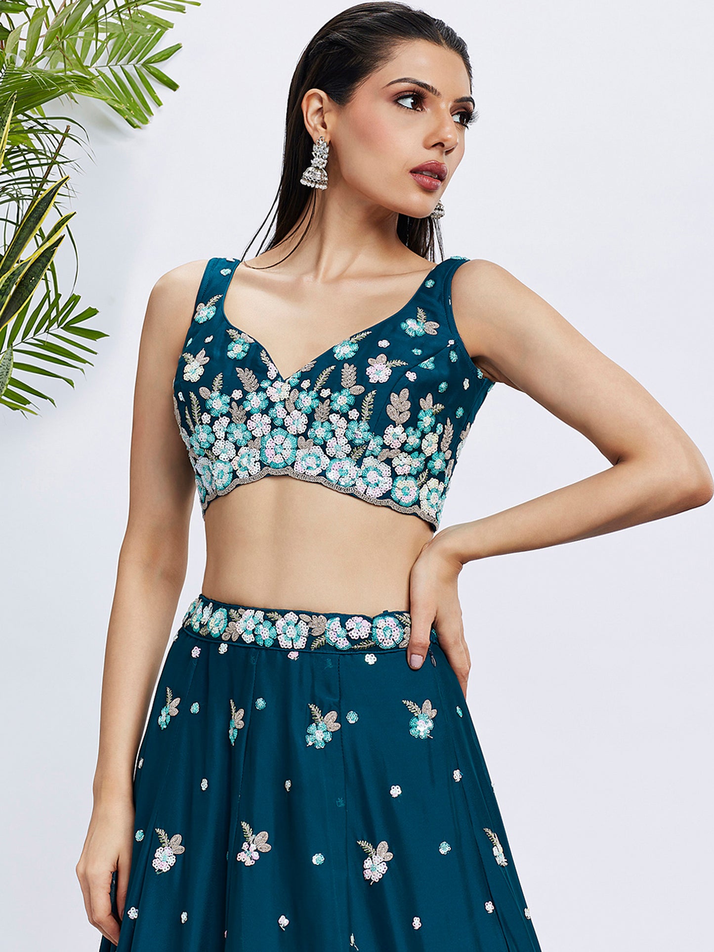 Teal Pure Grorgette Sequins and thread embroidery Lehenga choli