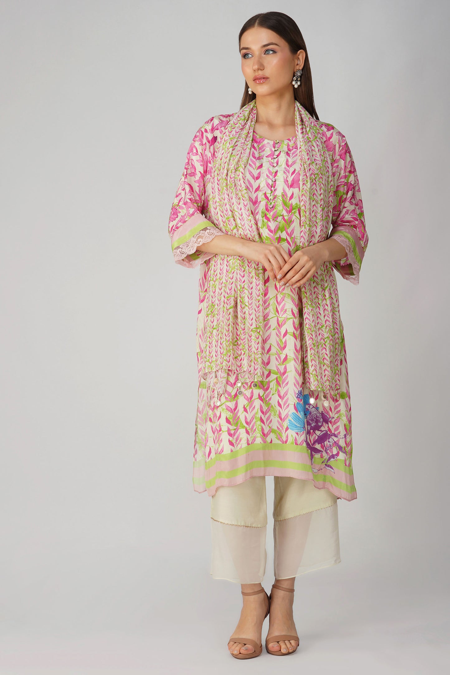 Pink Leaf Printed Kurta Set