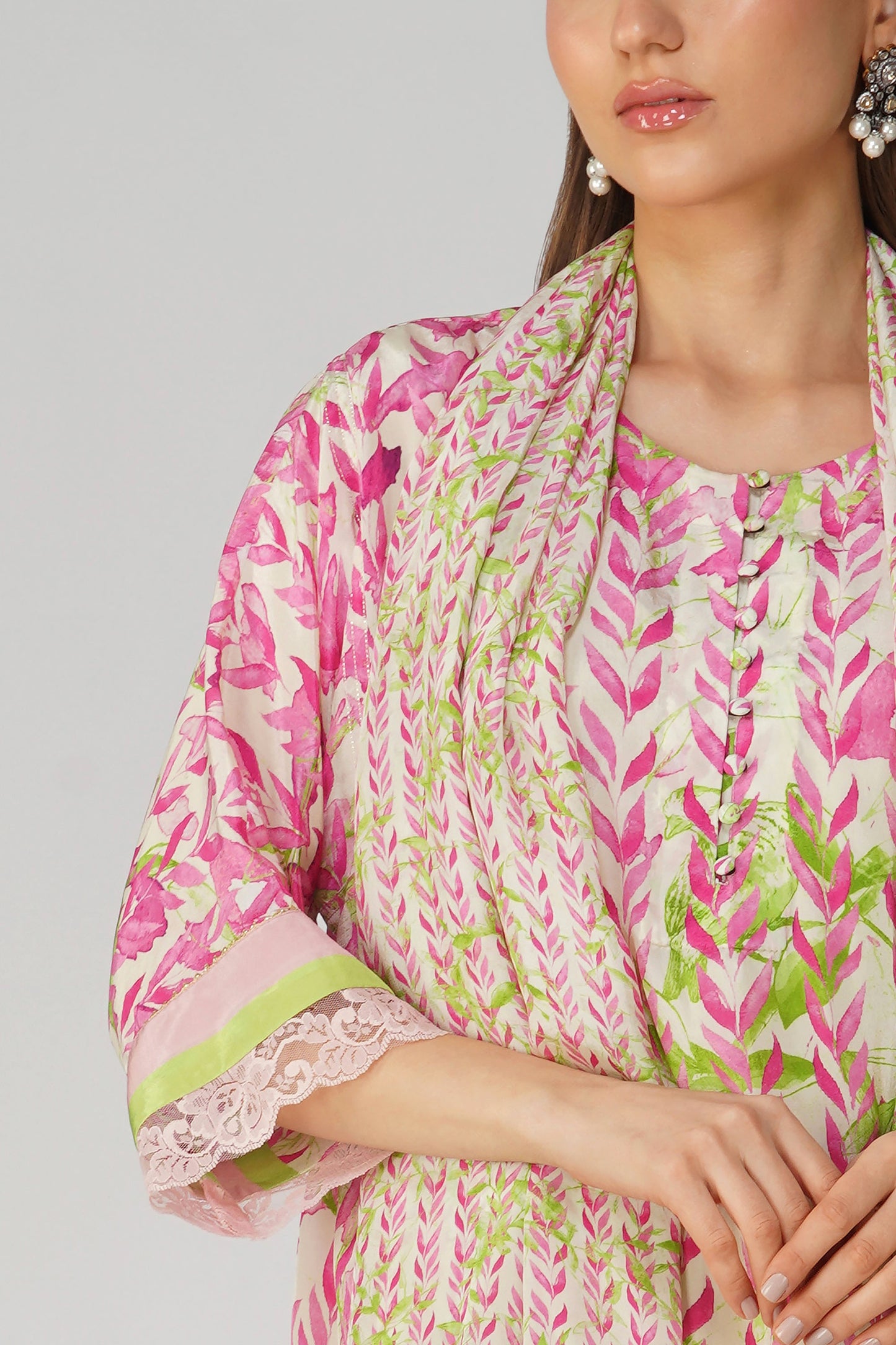 Pink Leaf Printed Kurta Set