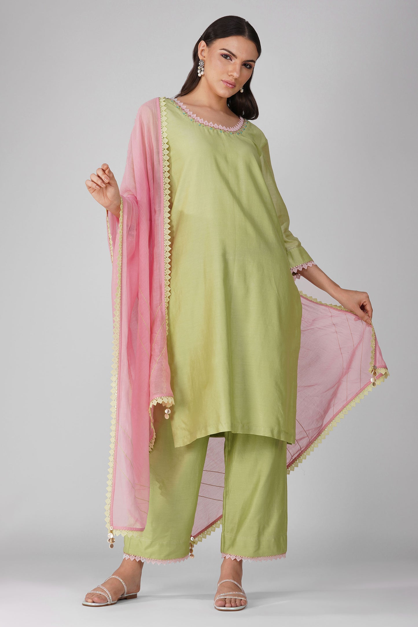 Small flower Green-Pink Kurta Set