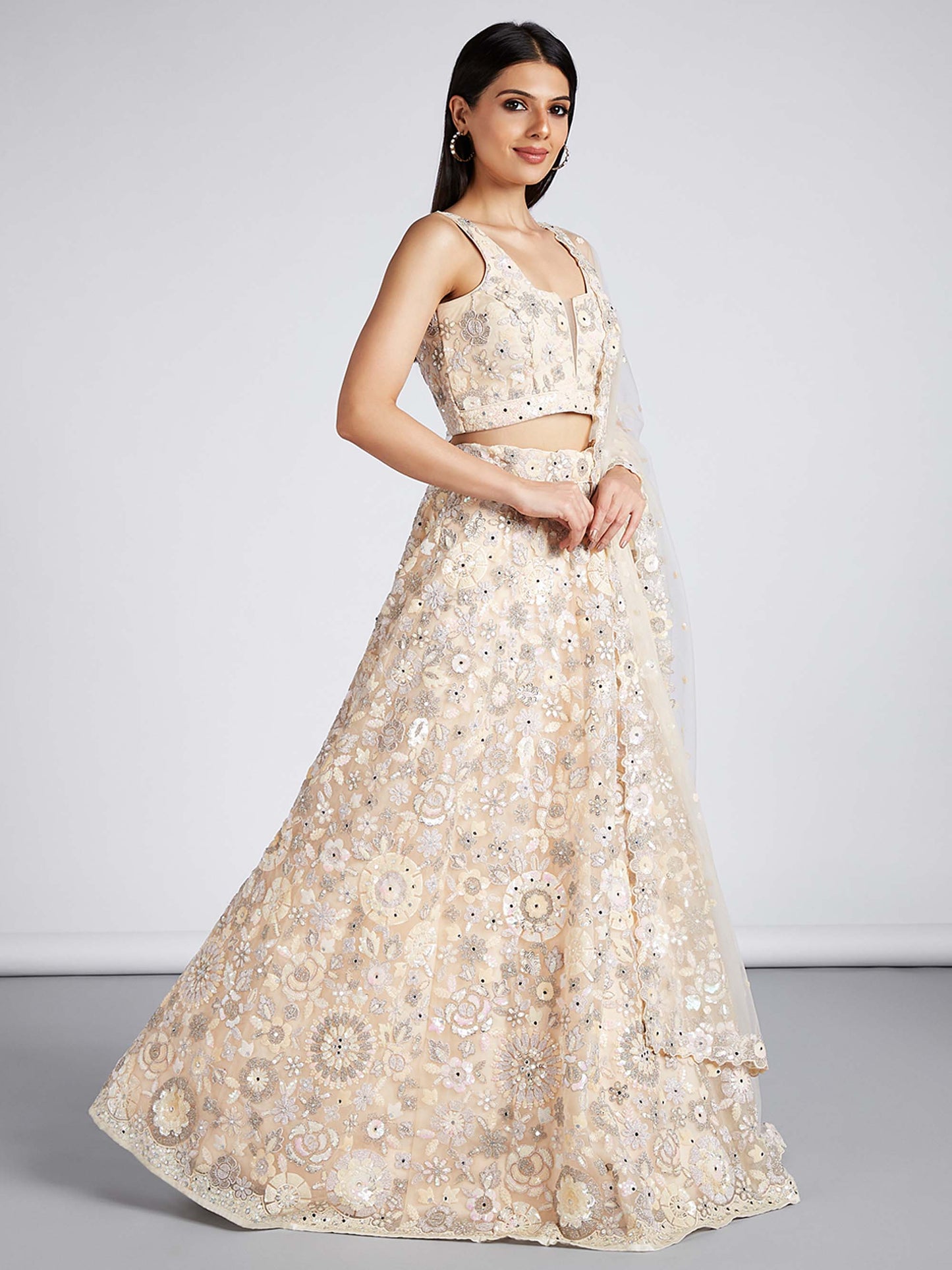 Cream Net Sequins, Mirror and thread embroidery Lehenga choli & Dupatta