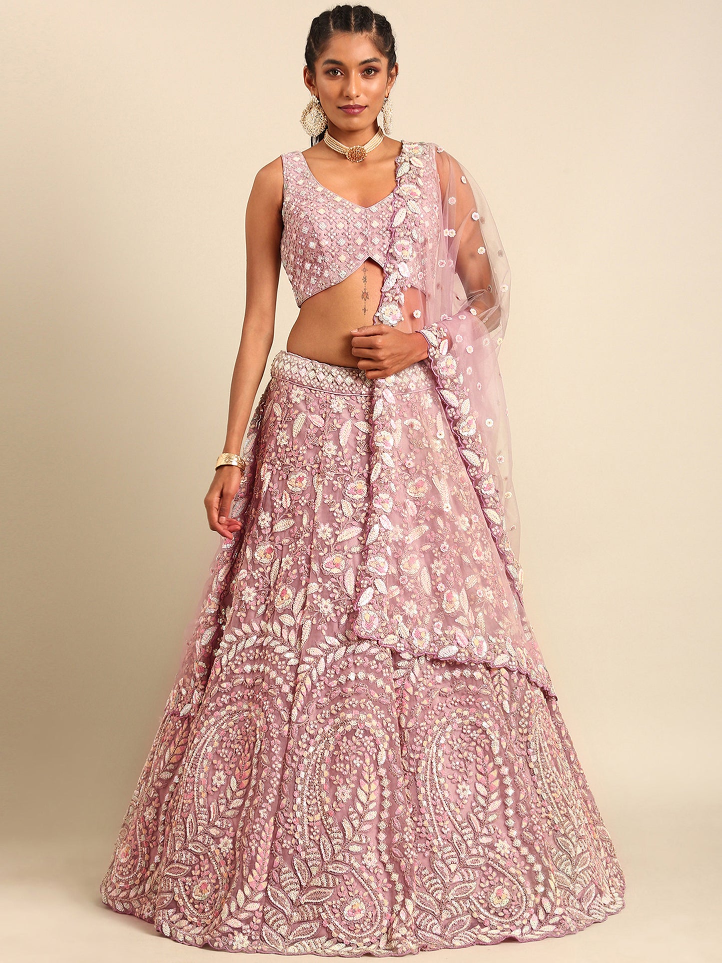 Mauve Net Multi Sequins Embroidery Bridesmaid Lehenga