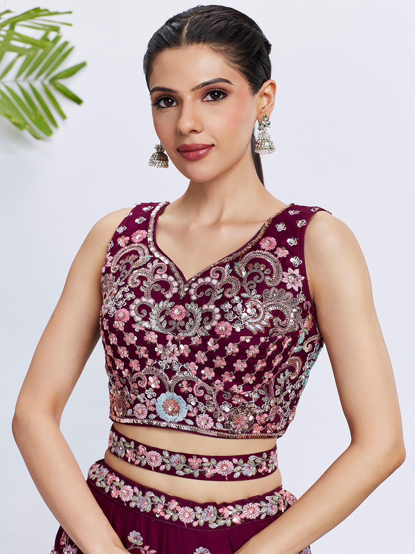 Burgundy Pure Georgette Sequins and thread embroidery Lehenga choli