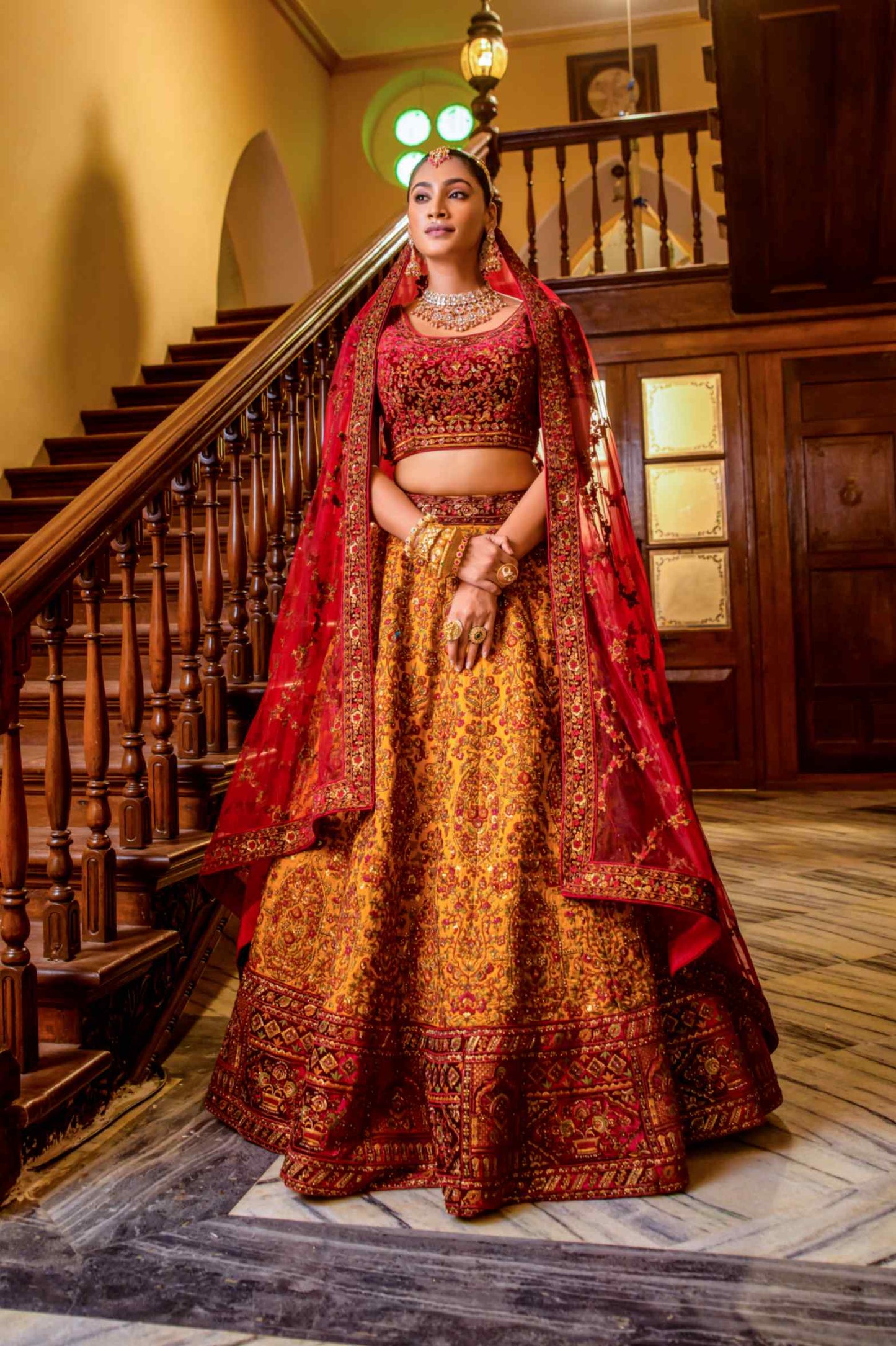 Red, Yellow Velvet Sequins Embroidered Indian Bridal lehenga