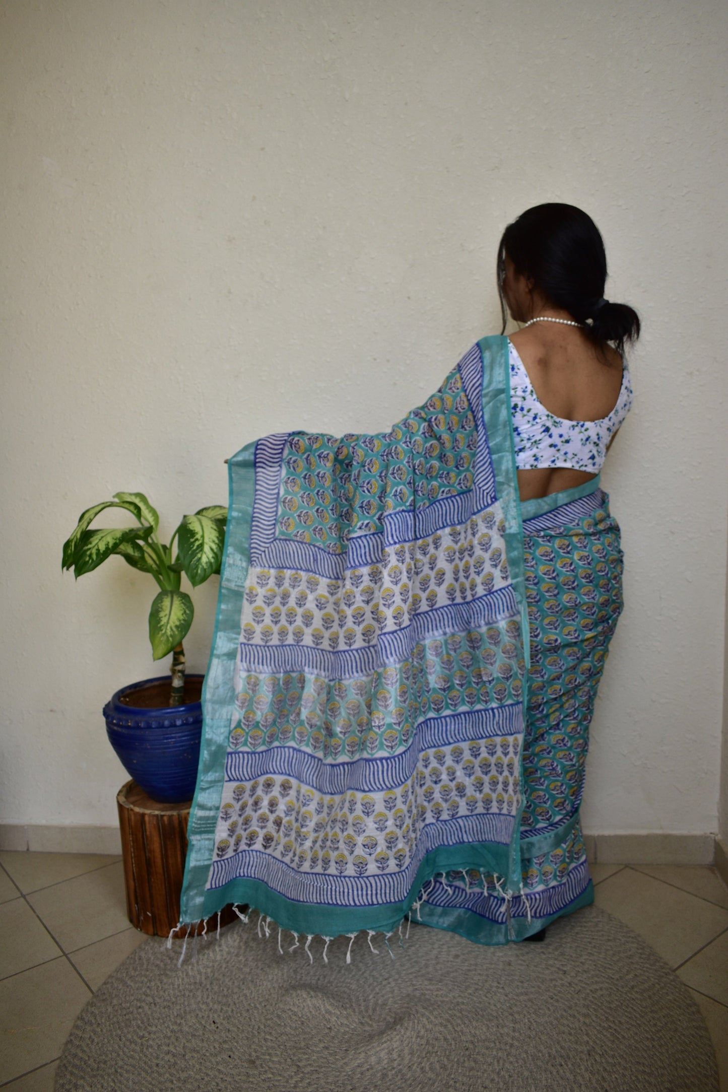 Aprajita - Blue Handblock Print Natural Dyed - Linen Cotton Saree