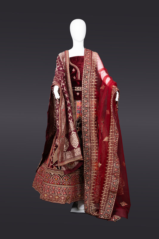 Maroon Burgundy Velvet Bridal Lehenga