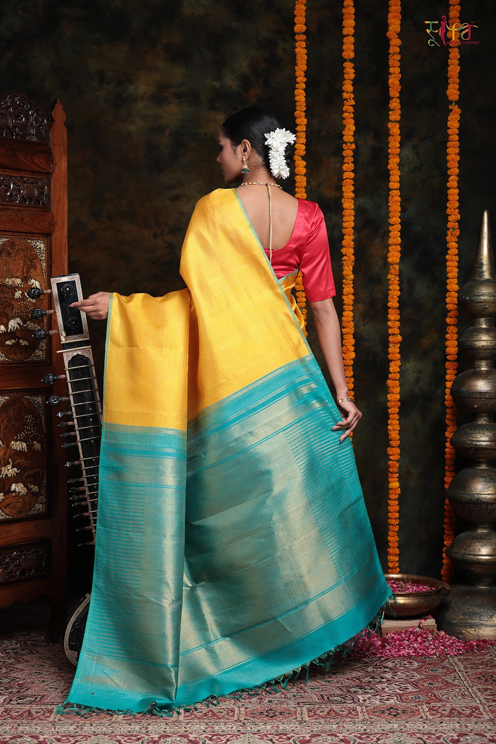 Tuscany Yellow Handloom Kanchipattu With Blue Green Gold Zari Pallu