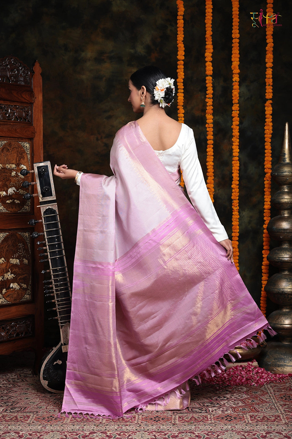 Lavender Handloom Stripes Saree With Zari Temple Border