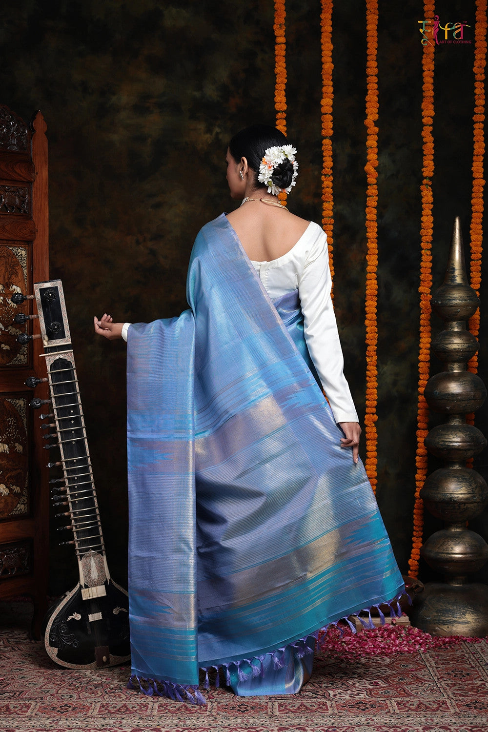 Handloom Blue Duo-Tone Pure Silk Saree With Silver Zari Stripes