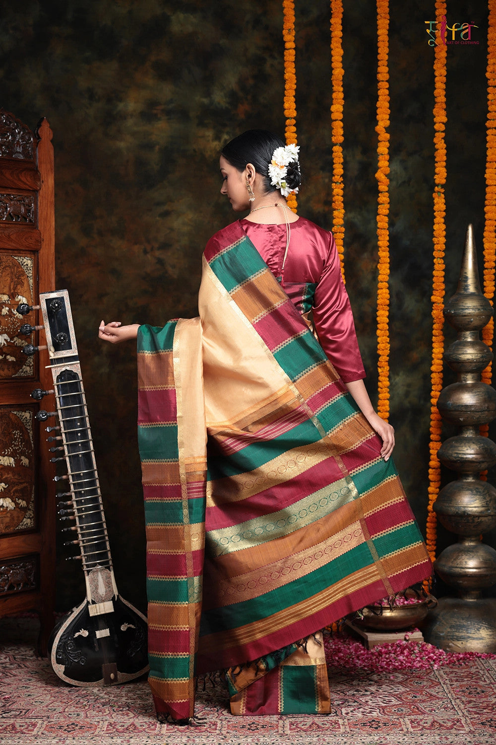 Handloom Peanut Brown Kanchipattu With Vibrant Multi Colour Border