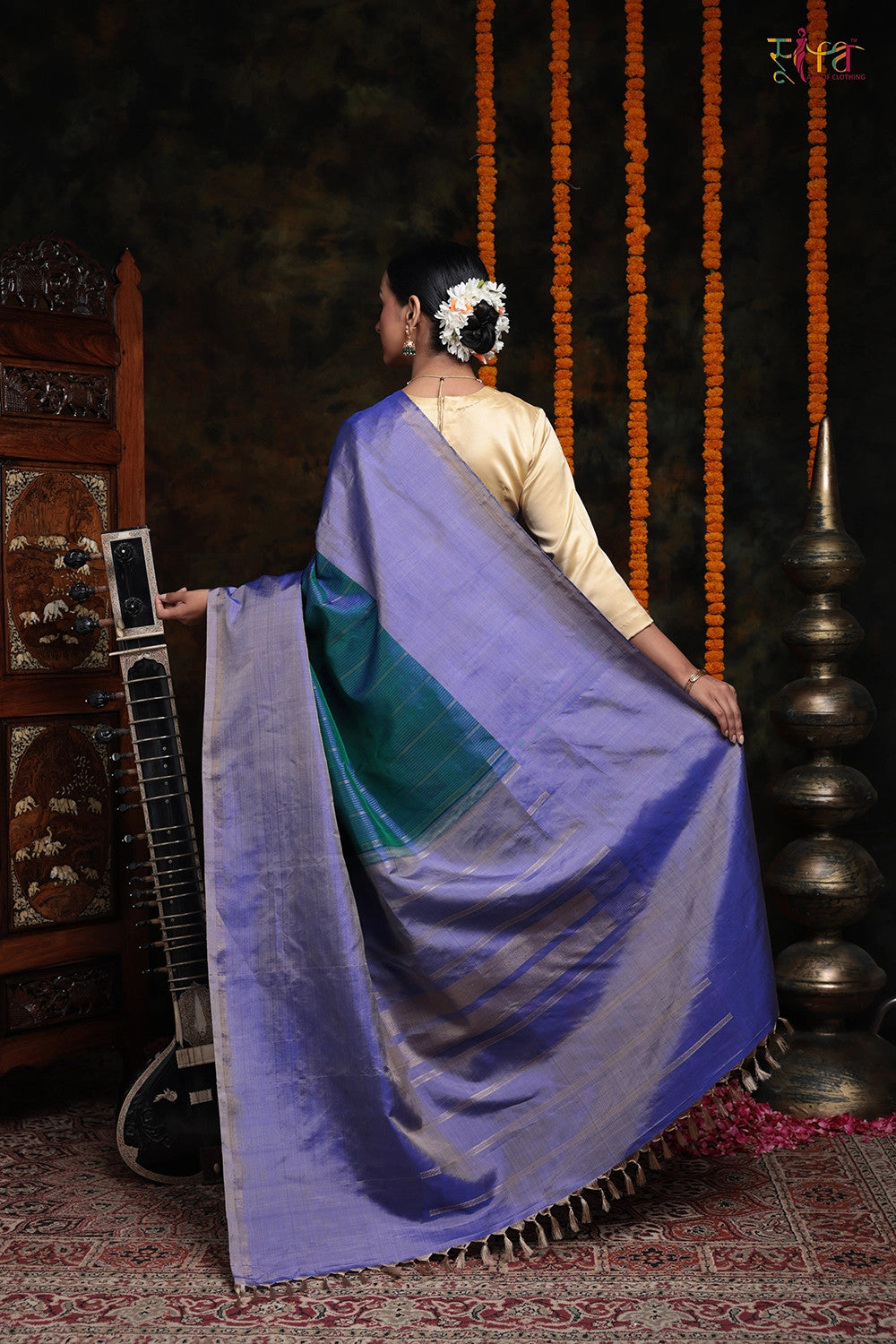 Handloom Blue Duo-Tone Pure Kanchipattu Saree With Horizontal Zari Stripes